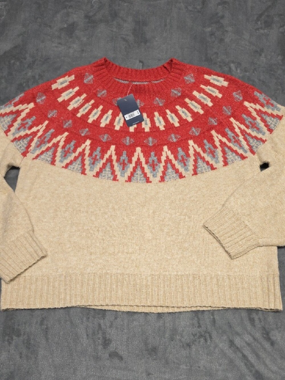 Lucky Brand Red & Beige Fair Isle Oversized Crewneck Sweater Sz MED - Picture 4 of 11